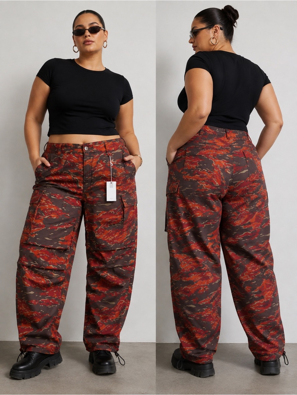 Good American Red Camo Cargo Pants Size 14/32 Utility Jogger Parachute Pants NWT